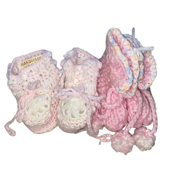 Vtg Knit Handmade Pink & White Baby Booties Bundle - Picture 1 of 13